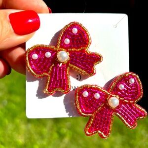 Fuschia Beaded bow earrings